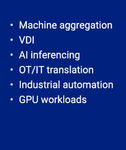 • Machine aggregation • VDI • AI inferencing • OT/IT translation • Industrial automation • GPU workloads